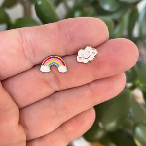 Brand new ADORABLE asymmetric tiny stud earrings: rainbow and cloud